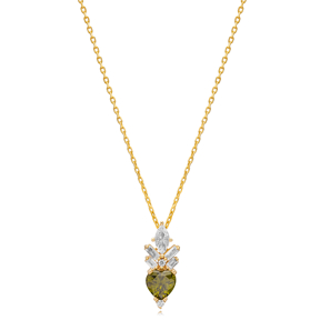 Heart Shape Peridot CZ Stone Silver Charm Necklace Pendant