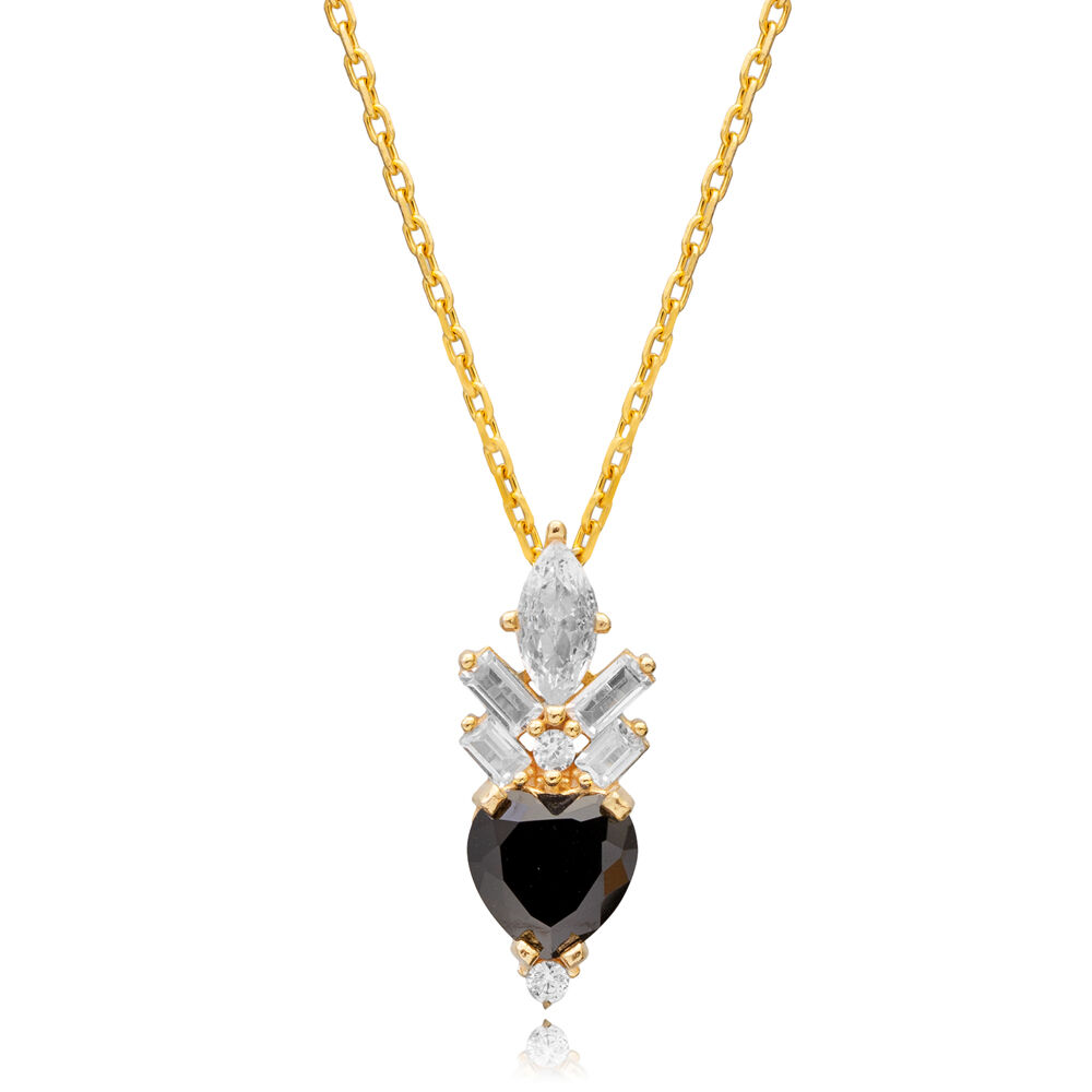 Black Zircon Stone Heart Design Silver Charm Necklace Pendant
