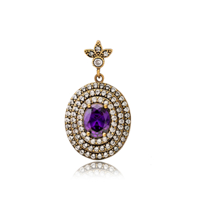 Ottoman Style Oval Amethyst CZ Stone Authentic Silver Pendant