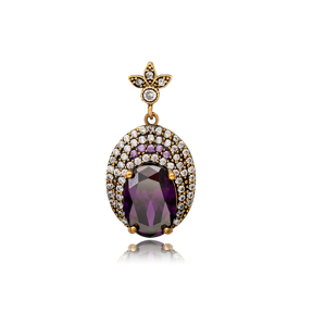 Amethyst CZ Stone Ottoman Style Oval Authentic Silver Pendant