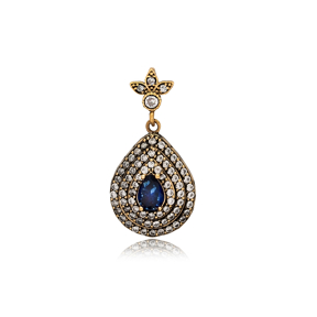 Sapphire CZ Ottoman Style Pear Drop Authentic Silver Pendant