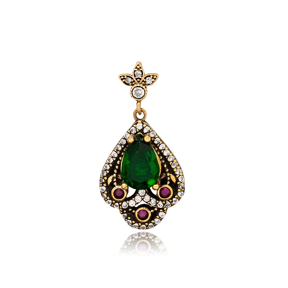 Ottoman Style Pear Drop Emerald CZ Authentic Silver Pendant