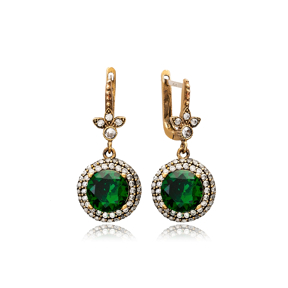 Emerald CZ Ottoman Style Round Authentic Silver Earrings