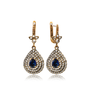 Sapphire CZ Pear Drop Ottoman Style Authentic Silver Earrings