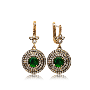 Emerald CZ Round Ottoman Style Authentic Silver Earrings