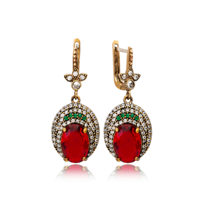 Ruby  CZ Oval Shape Ottoman Authentic Silver Earrings