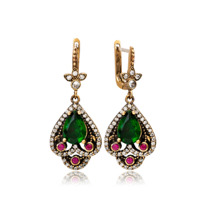 Emerald CZ Pear Ottoman Style Authentic Silver Earrings