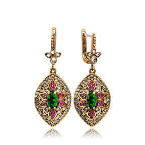 Emerald CZ Marquise Shape Authentic Ottoman Silver Earrings