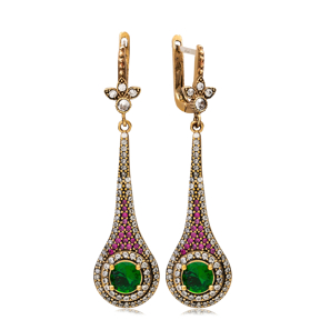 Round Emerald CZ Ottoman Style Authentic Silver Earrings