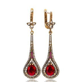 Ruby CZ Pear Drop Design Authentic Ottoman Silver Earrings