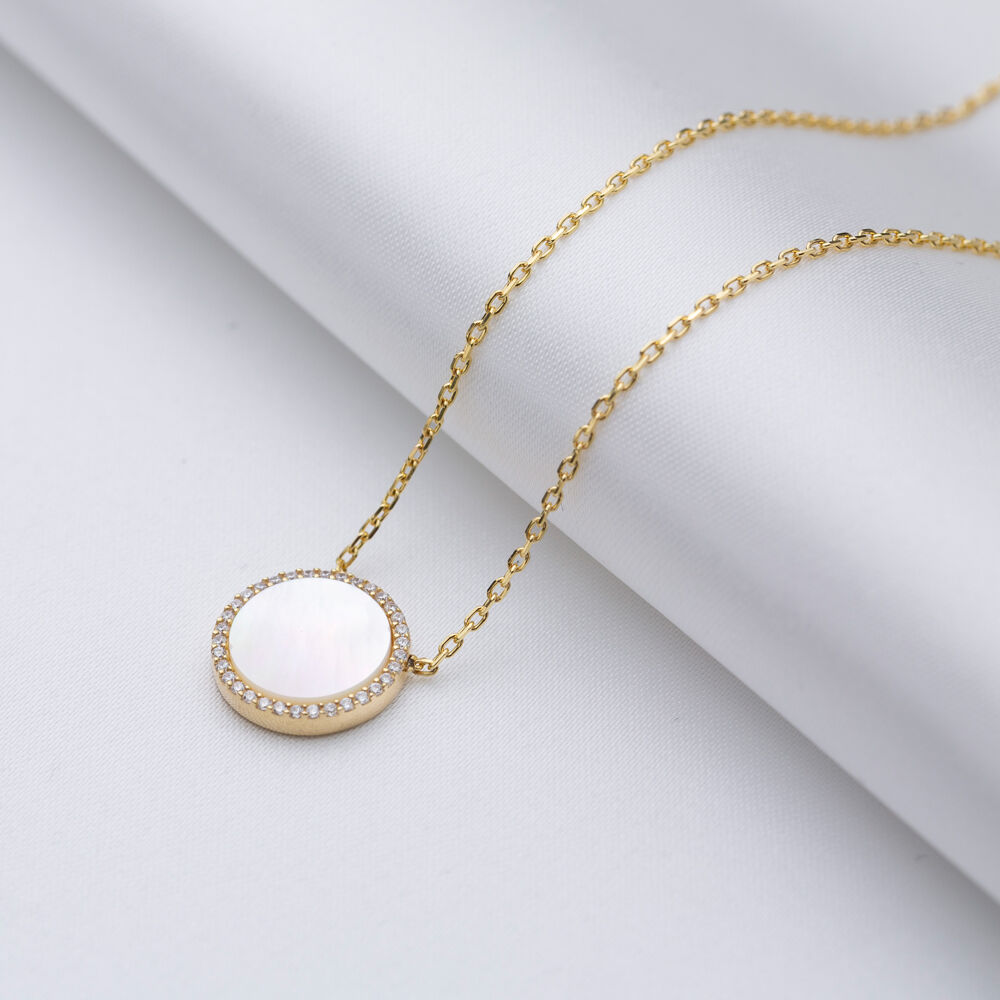 Mother of Pearl Round Design Charm Silver Pendant Necklace