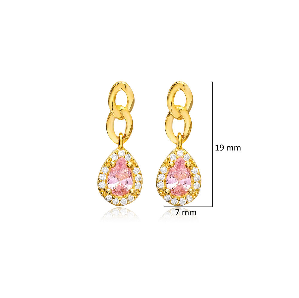 Pear Design Pink CZ Stone Sterling Silver Stud Earrings