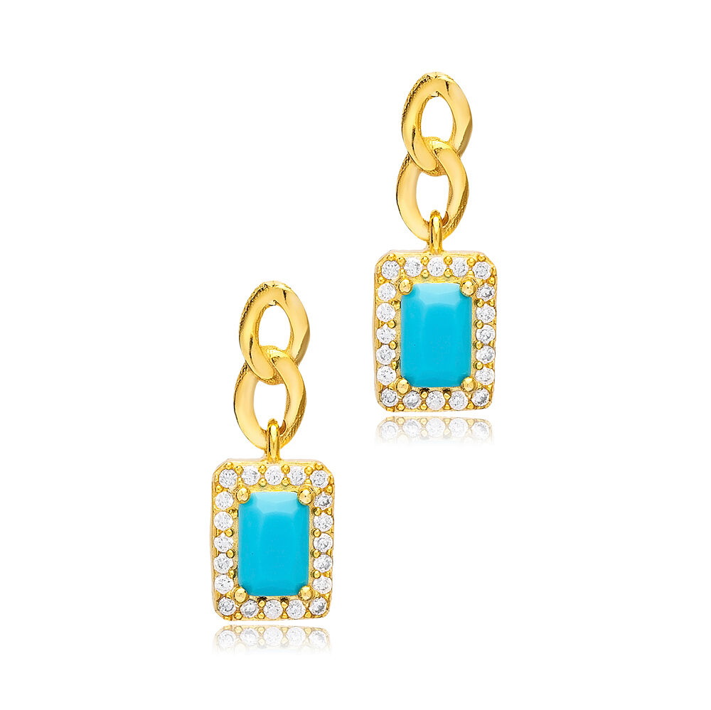 Rectangle Design Turquoise CZ Stone Silver Stud Earrings