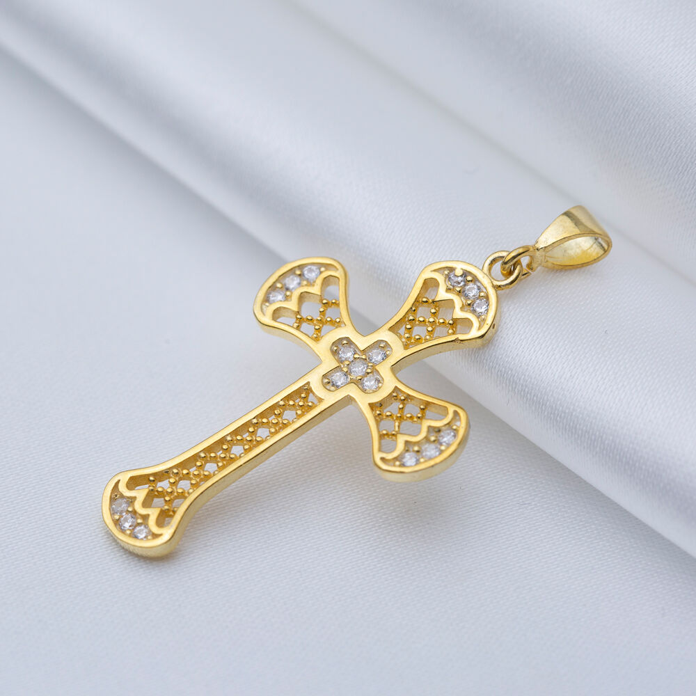 Unique Pattern Cross Design CZ Stone Religious Silver Jewelry