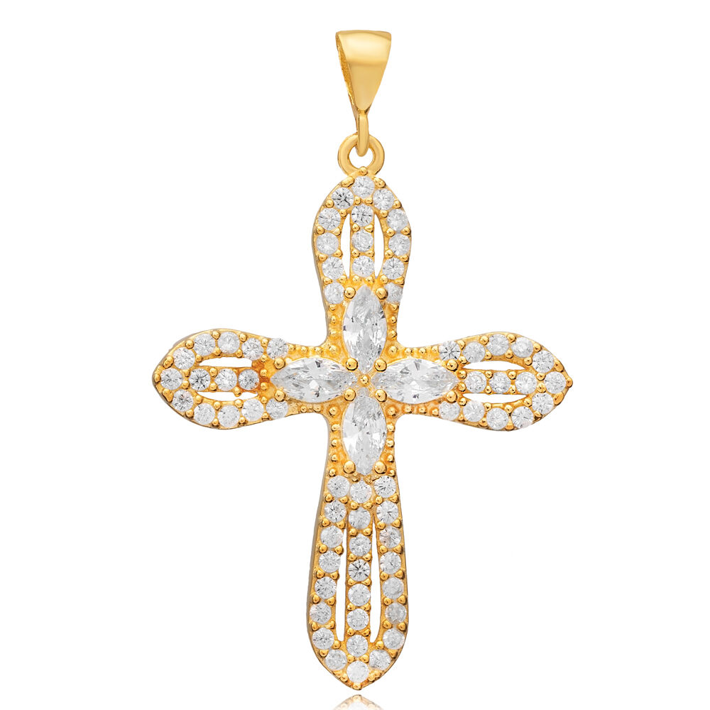 Cross CZ Round and Marquise Stone Religious Silver Pendant