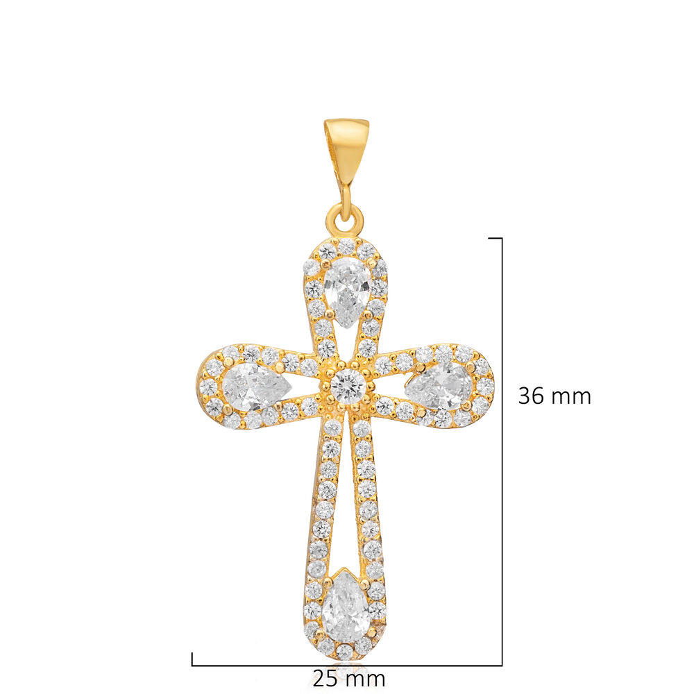 Cross Shape Pear CZ Stone Religious Silver Charm Pendant