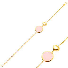 Pink Quartz 22K Gold Bezel Round Plain Heart Silver Bracelet