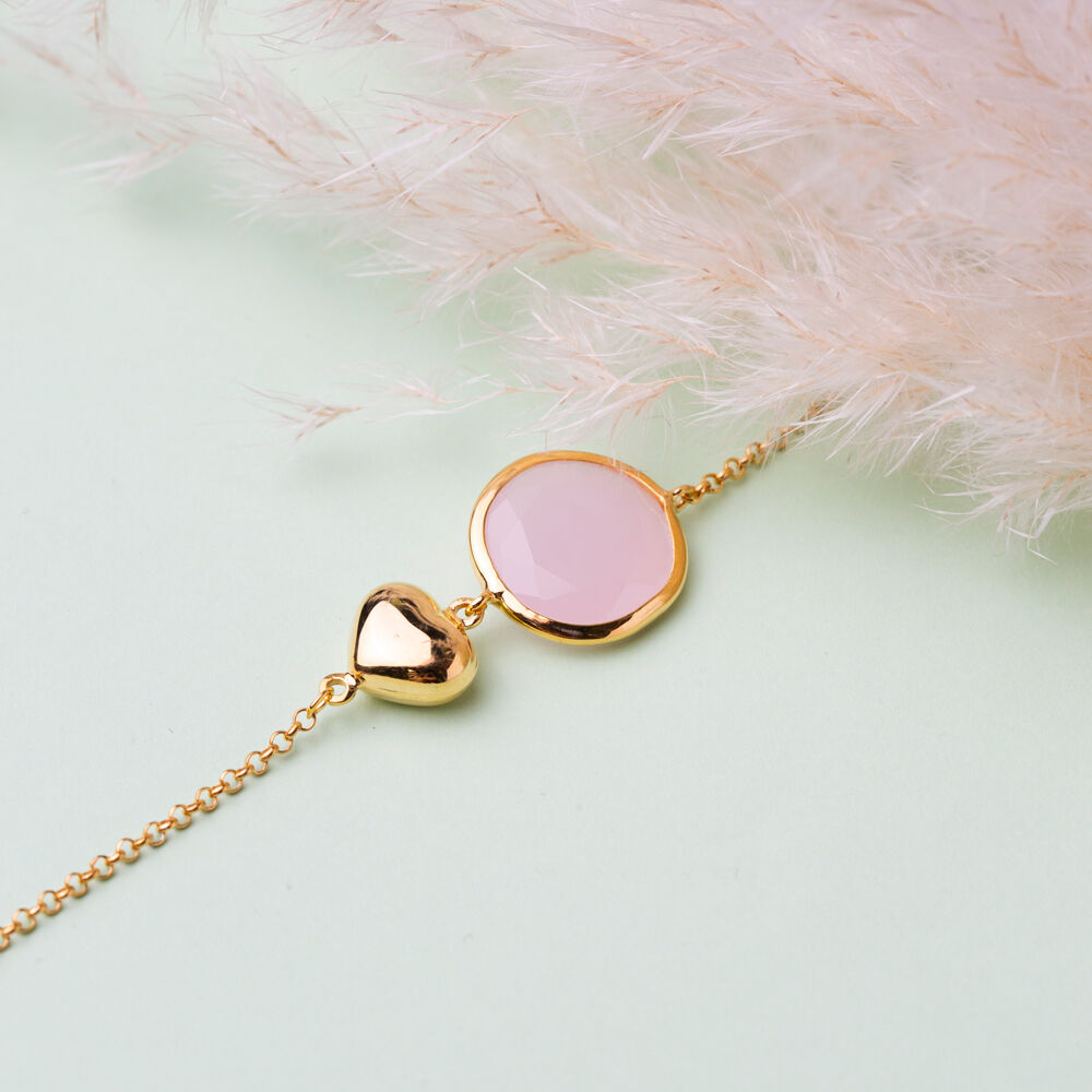 Pink Quartz 22K Gold Bezel Round Plain Heart Silver Bracelet