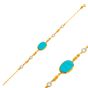 Turquoise Stone Oval 22K Gold Bezel CZ Stones Charm Bracelet