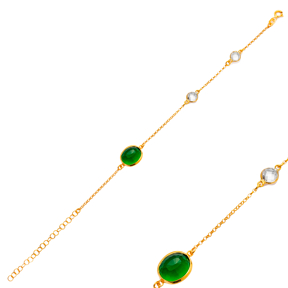 Oval Emerald Quartz 22K Gold Bezel CZ Stones Charm Bracelet