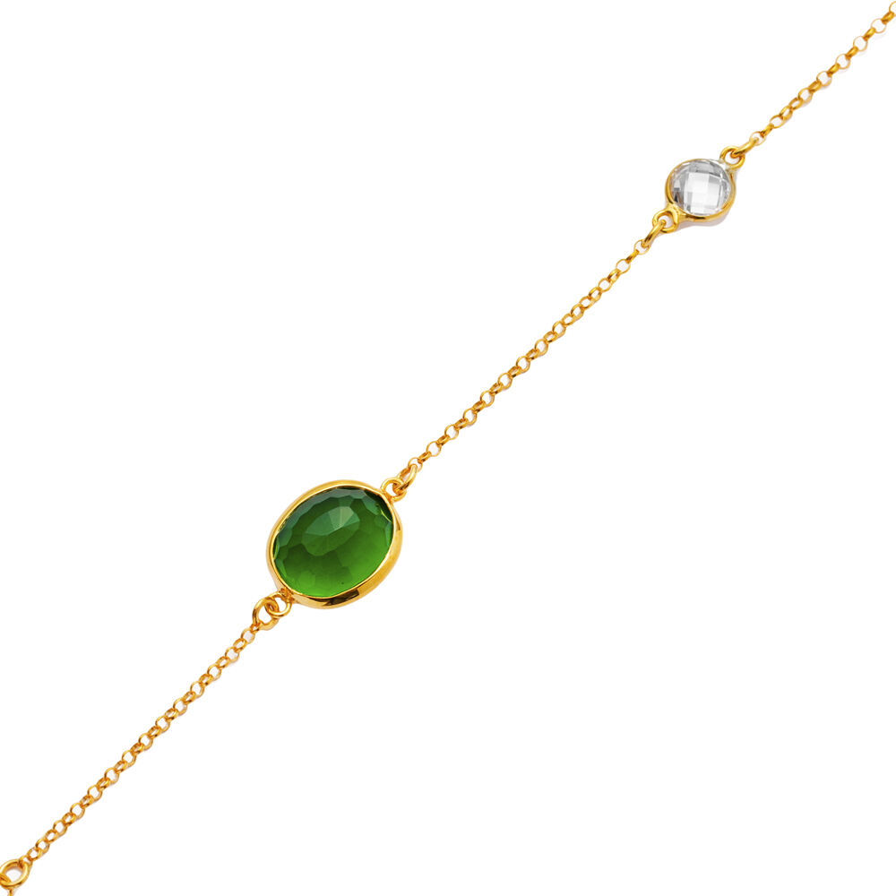 Oval Emerald Quartz 22K Gold Bezel CZ Stones Charm Bracelet