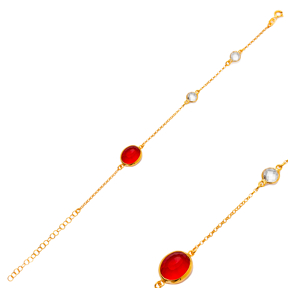 Oval Ruby Quartz 22K Gold Bezel CZ Stones Charm Bracelet