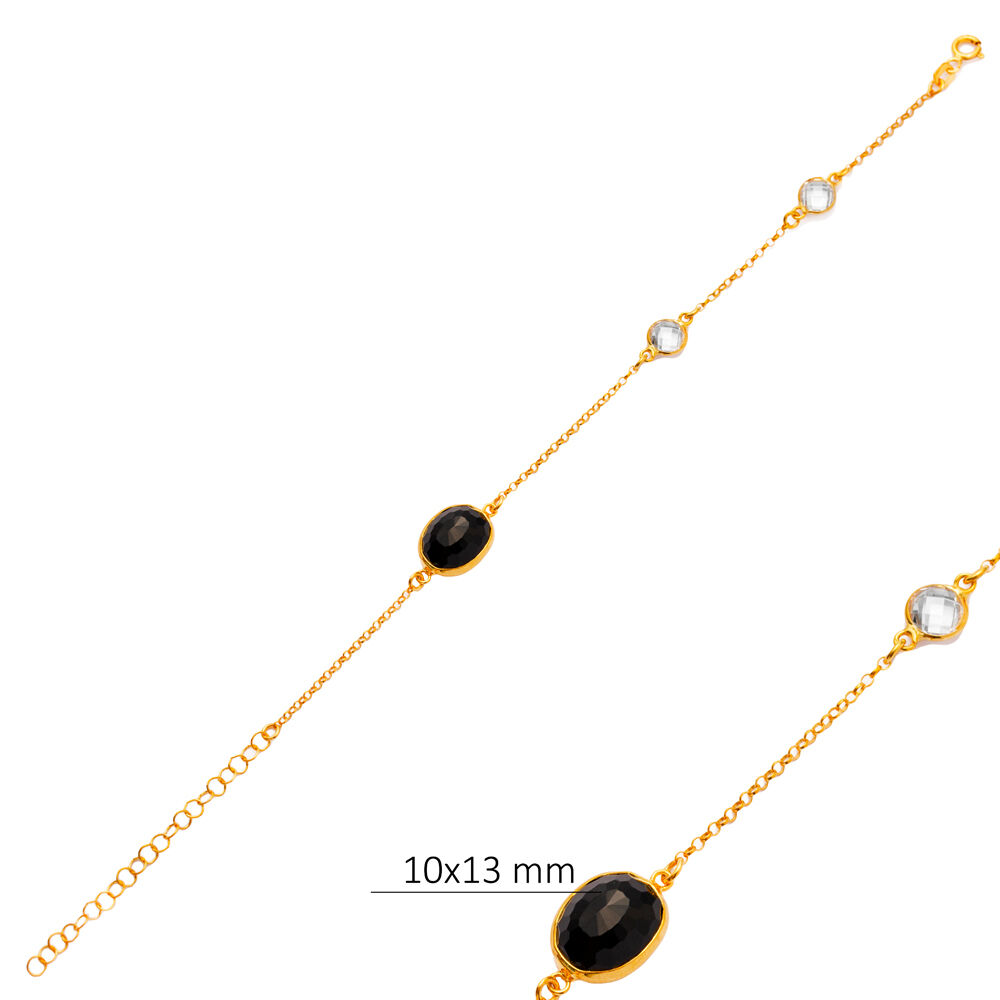 Black Quartz Oval 22K Gold Bezel CZ Stones Charm Bracelet