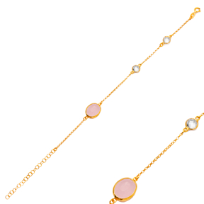 Pink Quartz Oval 22K Gold Bezel CZ Stones Charm Bracelet
