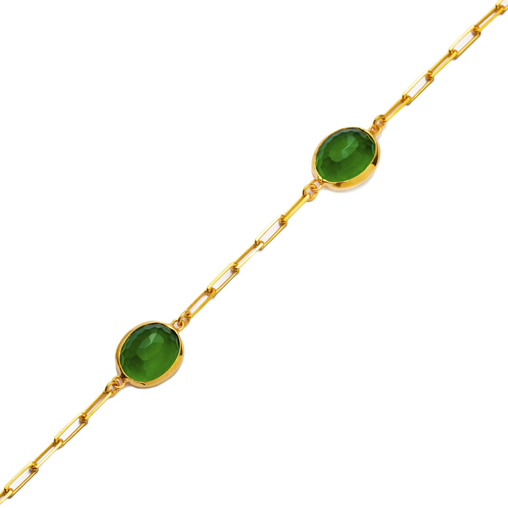 Emerald Quartz Triple Stone Oval 22K Gold Bezel Charm Bracelet