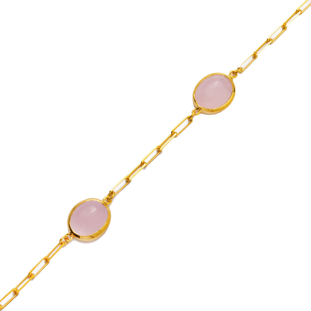Pink Quartz Triple Stones Oval 22K Gold Bezel Charm Bracelet
