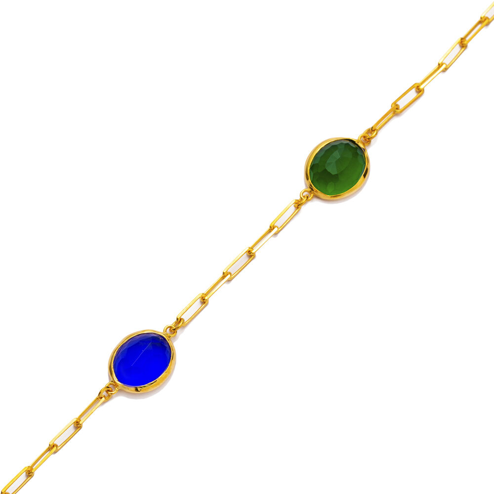 Triple Colorful Quartz Stones Oval Shape 22K Gold Bezel Charm Bracelet