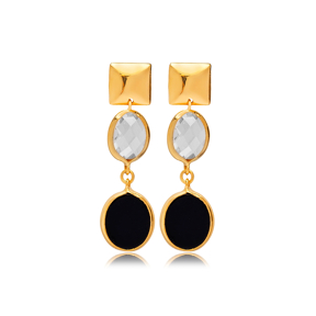Black Quartz Oval Shape Plain 22K Gold Bezel Stud Earrings