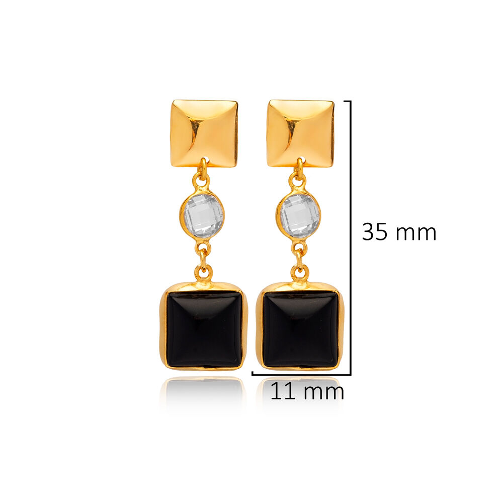 Black Quartz Square Shape Plain 22K Gold Bezel Stud Earrings