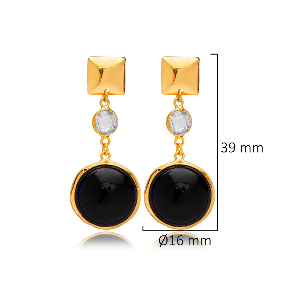 Black Quartz Round Shape Plain 22K Gold Bezel Stud Earrings