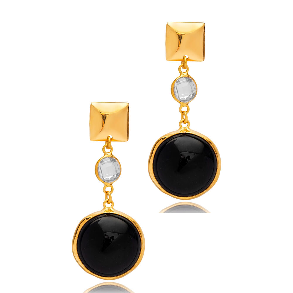 Black Quartz Round Shape Plain 22K Gold Bezel Stud Earrings