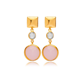 Pink Quartz Round Shape Plain 22K Gold Bezel Stud Earrings
