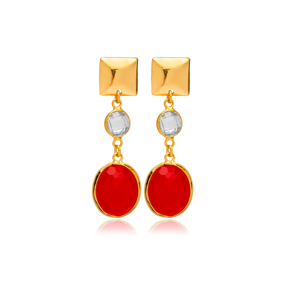 Ruby Quartz Oval Shape Plain 22K Gold Bezel Stud Earrings