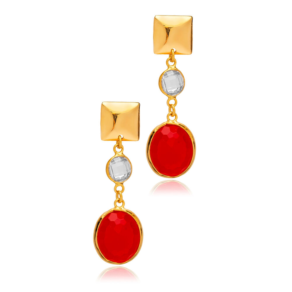Ruby Quartz Oval Shape Plain 22K Gold Bezel Stud Earrings
