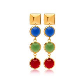 Colorful Quartz Round Shape 22K Gold Bezel Stud Earrings