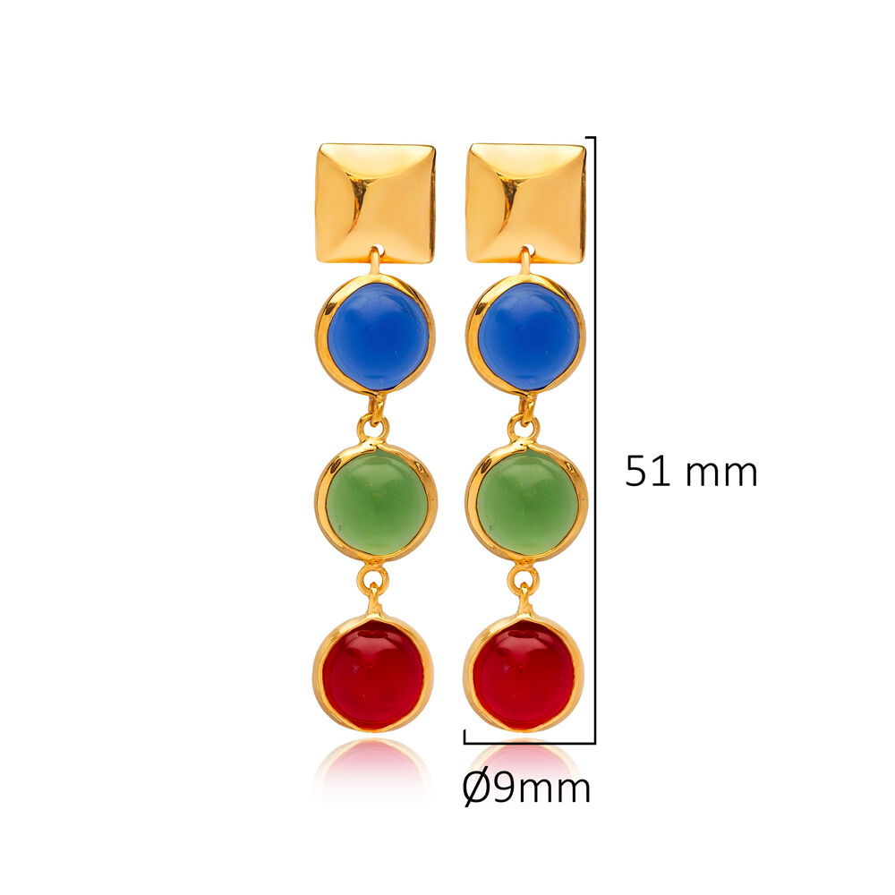 Colorful Quartz Round Shape 22K Gold Bezel Stud Earrings
