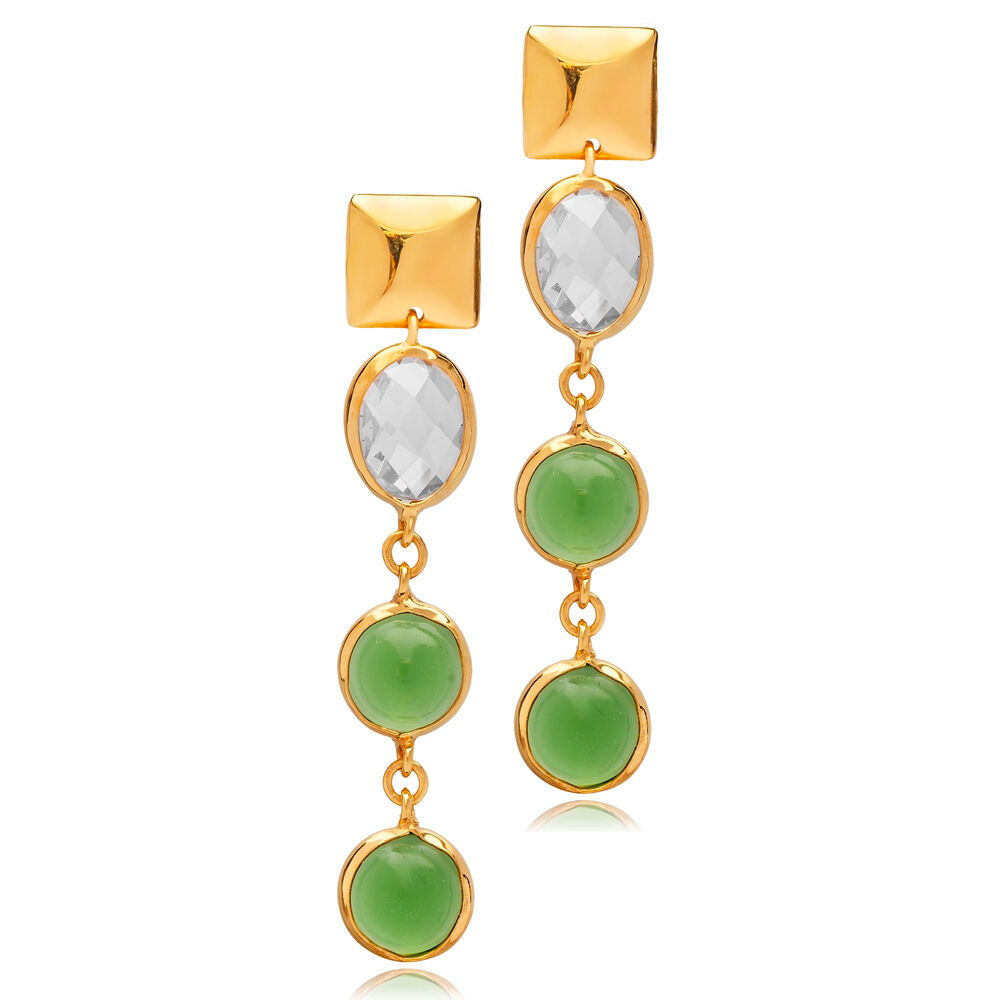 Emerald Quartz Round Shape 22K Gold Bezel Stud Earrings