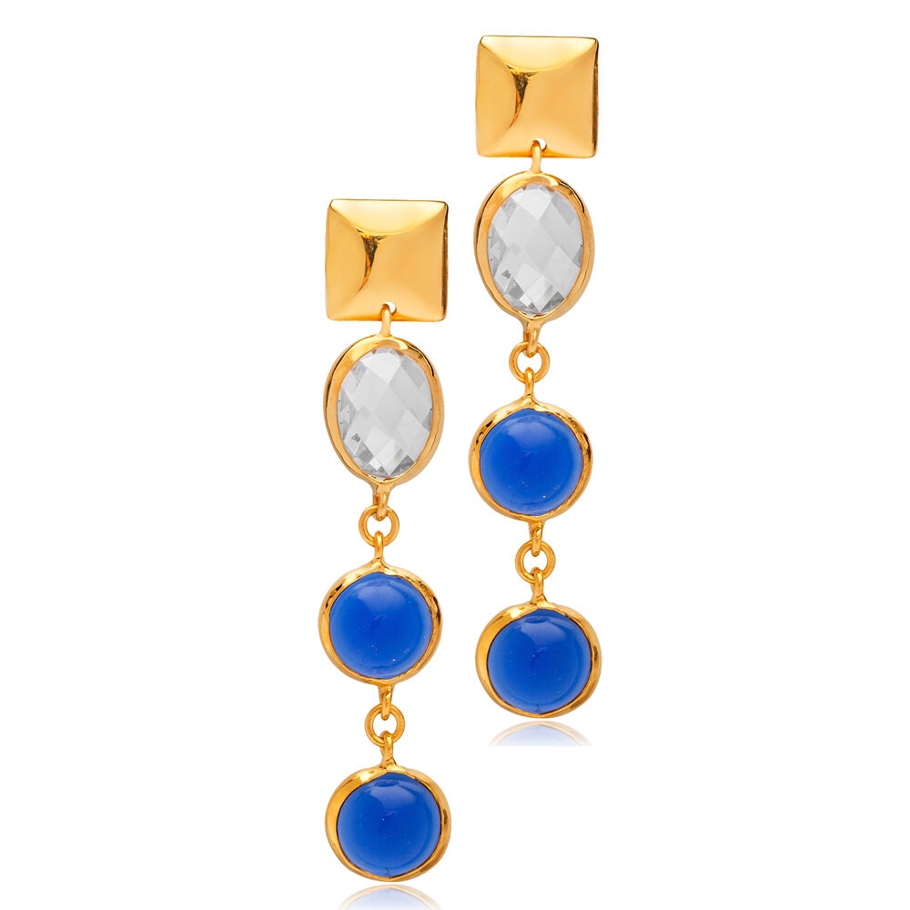 Sapphire Quartz Round Shape 22K Gold Bezel Stud Earrings