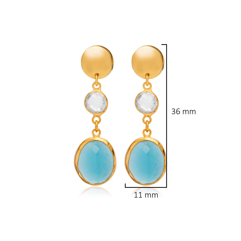 Aquamarine Quartz Oval 22K Gold Bezel Plain Stud Earrings