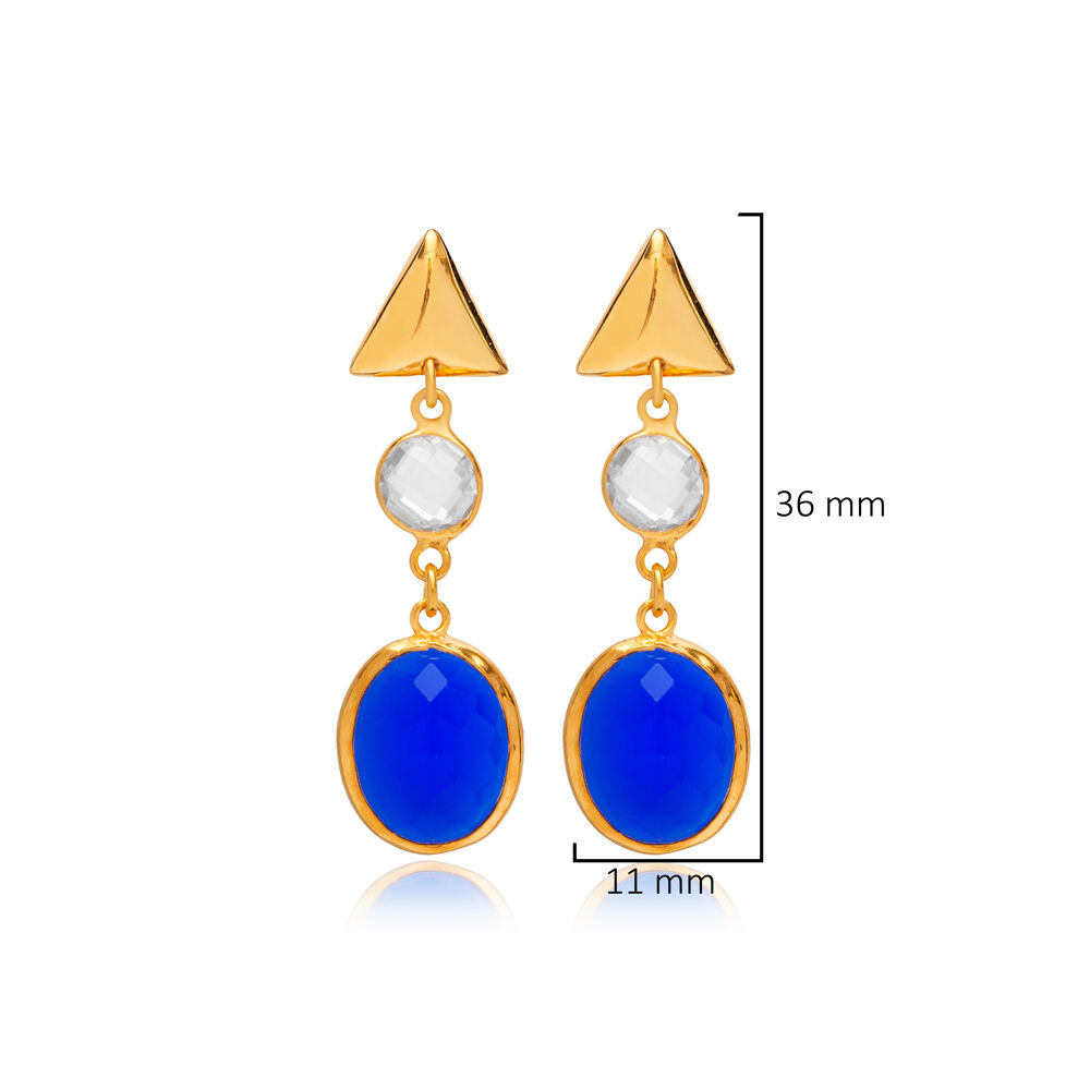 Sapphire Quartz 22K Gold Bezel Plain Triangle Stud Earrings