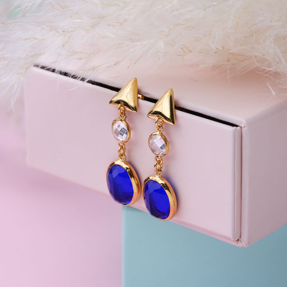 Sapphire Quartz 22K Gold Bezel Plain Triangle Stud Earrings