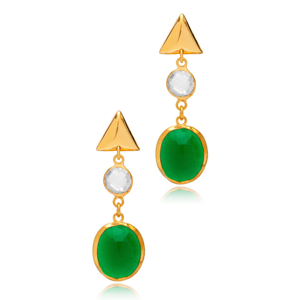 Emerald Quartz 22K Gold Bezel Plain Triangle Stud Earrings