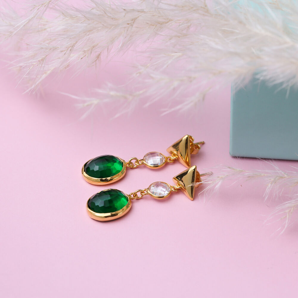Emerald Quartz 22K Gold Bezel Plain Triangle Stud Earrings
