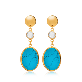 Turquoise Quartz Oval 22k Gold Bezel Hook Silver Earrings