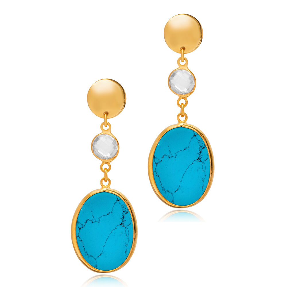 Turquoise Quartz Oval 22k Gold Bezel Hook Silver Earrings