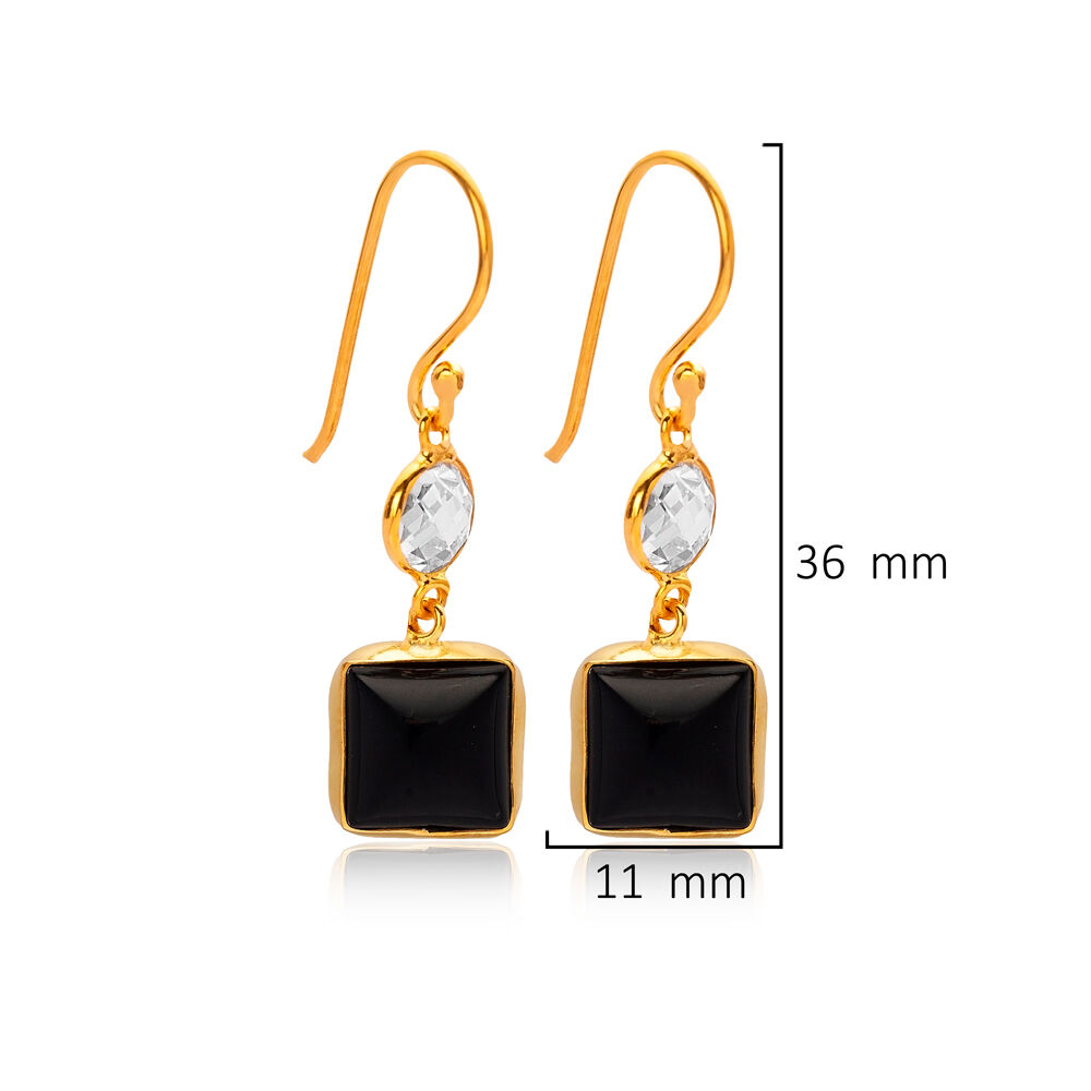 Square Design Black Quartz Hook 925 Silver Earrings Jewelry